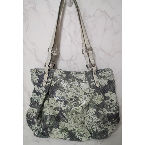 B Makowsky Large Leather Gray/Green/Lace Design Tote Bag - EUC - Picture 2 of 8